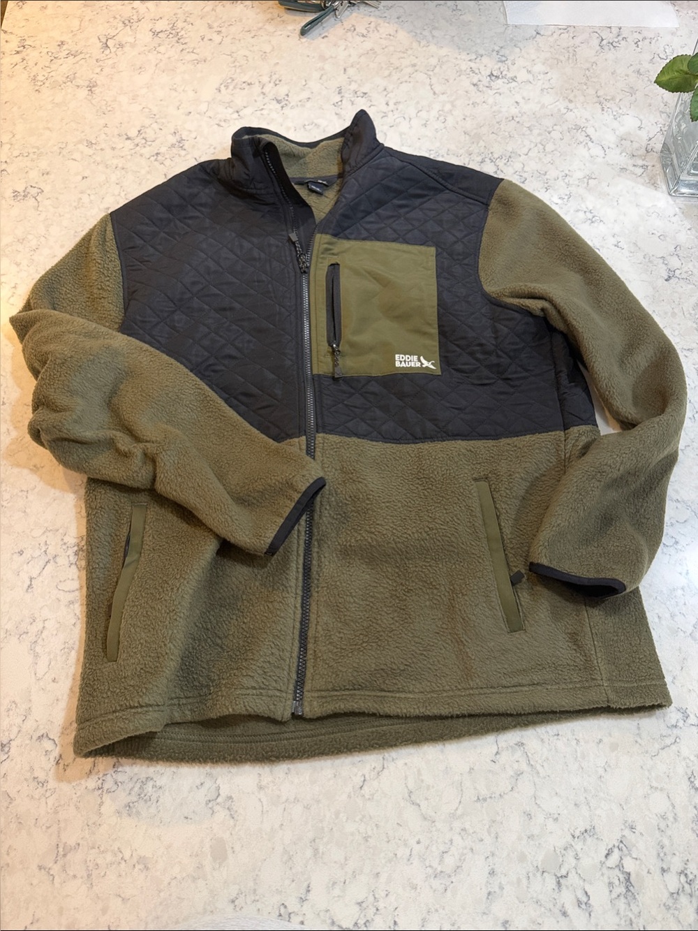 Eddie Bauer Olive Green and Black Quilted Fleece Jacket